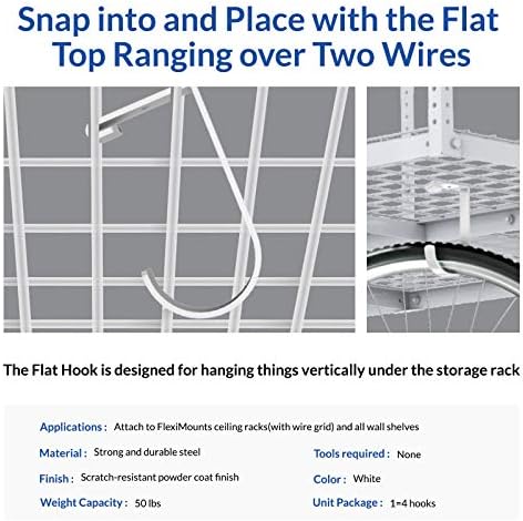 FLEXIMOUNTS 8 Pack Add On Storage Flat Hook Accessory for Garage Ceiling Rack and Wall Shelving, Max Weight Capacity up to 50lbs, White - Image 4
