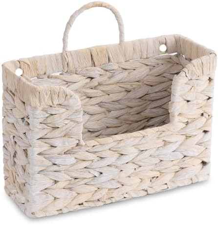 PINXIURY Magazine Holder Wall Basket Water Hyacinth Woven Mail Organizer, Wicker Wall Hanging Baskets for Magazines, Letters & Storage Decorative Mail Holder, Magazine Rack, Hanging Basket, Whitewash by PINXIURY