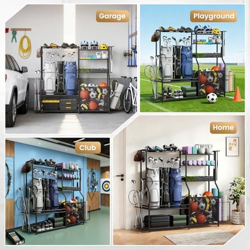 Garage Sports Equipment Organizer, 3 Golf Bag Organizer Stand Heavy-Duty Ball Storage Rack with Basket and Hooks, Ball Storage Cart for Toy Sports Gear Storage, Black - Image 7