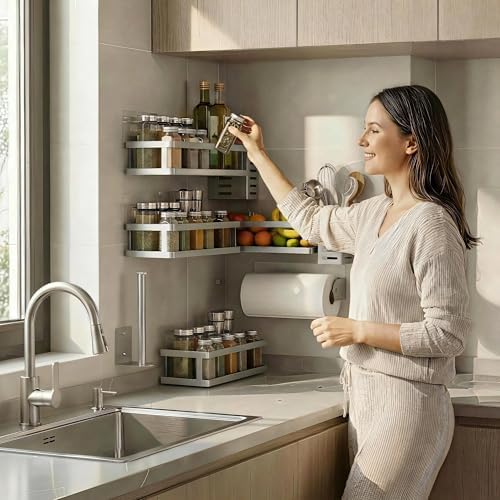 PUSDON 5-in-1 Shower Caddy & Kitchen Organizer Set, Wall Mount Wide Spice Rack with Paper Towel Holder, Utensil Holder, Soap Dish, Rustproof Mesh Baskets Hold 50LBS - Silver Gray, Guardrail - Image 2