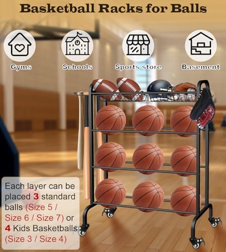 Basketball Racks Holder for Balls with Wheels, Rolling Metal Sports Equipment Storage Stand Organizer with Baskets and Hooks for Basketballs Footballs Volleyball, Black - Image 3