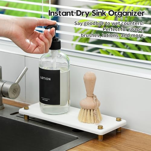 Razborci Water Absorbing Stone Sink Caddy Kitchen Sink Organizer Tray, Diatomite Bathroom Counter Tray, Gold Faucet Drying Mat Coaster Soap Dish Rack Riser Dispenser Sponge Holder, White 10" x 4" - Image 2