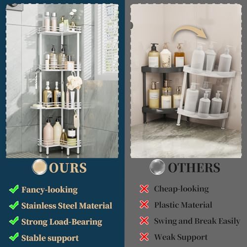 Consumest Corner Shower Caddy Standing - 4-Tier Stainless Steel Shower Organizer with Soap Holder and 4 Hooks, Large Capacity Corner Shelf Stand for Bathroom, Rest Room, White - Image 2