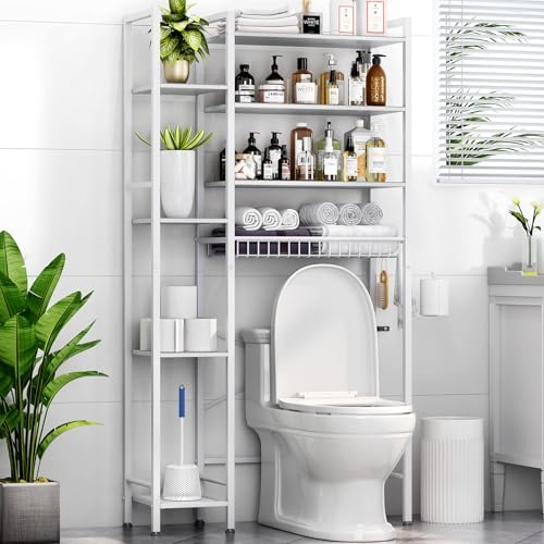 Kalrin 8-Tier Over The Toilet Storage with Side Rack, Over Toilet Storage Rack with Adjustable Shelf & Drain Basket, Freestanding Bathroom Organizer for Balcony, Laundry (Pure White) by Kalrin