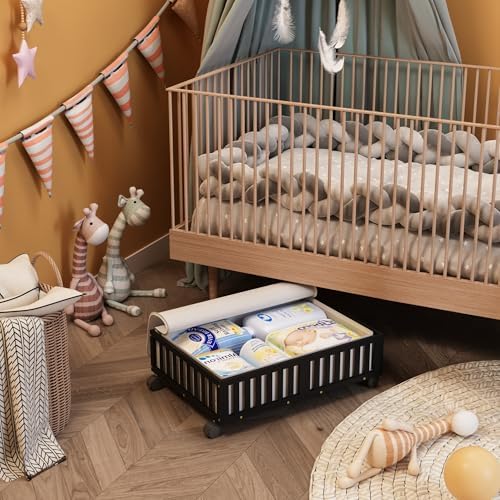 MHXW SXPN 2 Pack Bamboo Under Bed Storage Containers with Wheels, Black | Underbed Drawer Storage with Bag, Wood Rolling Underbed Organizer for Shoes, Sheets Clothes Blanket Comforter, Under Crib Toy - Image 3