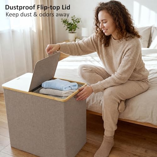 efluky Double Laundry Hamper with Lid and 2 Removable Bags, Brown - Image 2