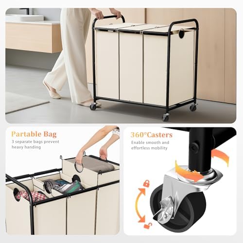 180L Laundry Sorter 3 Section, Rolling Laundry Basket with Wheels and Lid - Image 3