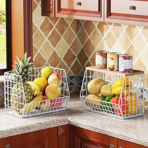 White Fruit Bowl Wire Basket Storage Pantry Fruit and Vegetable Storage Fruit Basket for Kitchen Counter Stackable Wall Mounted Hanging Basket Wire Basket with Wood Lid with Hanger Hooks - Image 6