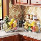 White Fruit Bowl Wire Basket Storage Pantry Fruit and Vegetable Storage Fruit Basket for Kitchen Counter Stackable Wall Mounted Hanging Basket Wire Basket with Wood Lid with Hanger Hooks - Image 6