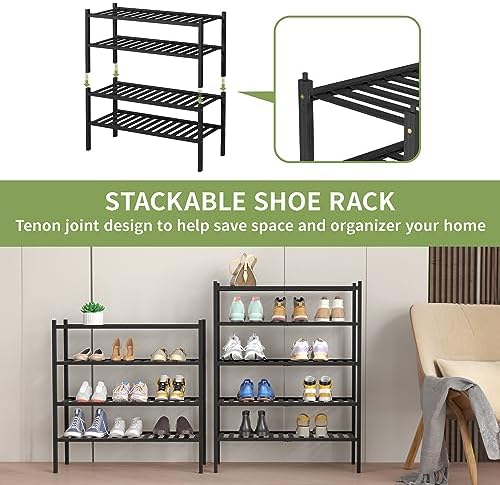 ROMGUAR CRAFT 4 Tier Bamboo Shoe Rack for Closet Free Standing Wood Shoe Shelf for Entryway Small Space Stackable 27"x11"x26" (Black) - Image 5