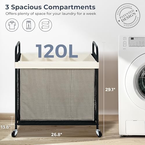STO STO Laundry Hamper 3 Section, 120L Rolling Laundry Sorter Cart with Removable and Washable Liner Bag, Clothes Hamper with Wheels and Metal Handle for Laundry Room and Bedroom - Image 6