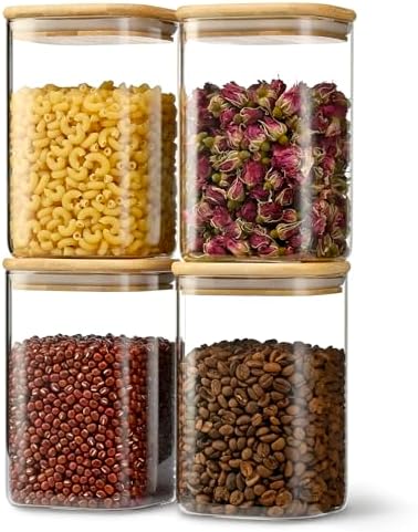 D2scrma 37oz Airtight Glass Square Storage Canister with Bamboo Lid Set of 4 (1100ml) Container Stackable Jar, Kitchen Canister for Pantry Noodles, Flour and Coffee beans (‎with Black Lable) by Delicatedtoservicecustomer
