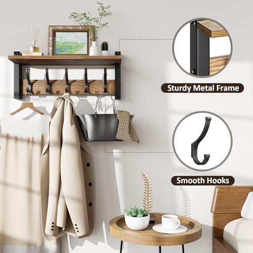 Optish Coat Rack Wall Mount with Shelf, 17.1 Inch Coat Hanger, Entryway Wall Key Holder, Hat Rack for Walls, Shelf with 5 Coat Hooks, Purse Hanger for Wall (Brown) - Image 5