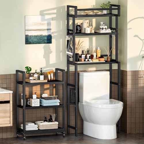 Recaceik 6-Tier Over The Toilet Storage Shelf with Cart, Freestanding Above Toilet Shelf Rack, Farmhouse Bathroom Organizer Shelves, Space Saver (Black) by Recaceik