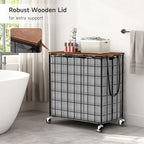 Laundry Basket with Wheels, Heavy Duty Laundry Sorter 3 Sections, 140L (37Gal.) Large Capacity Laundry Hamper with Wood Lid, 360 Rolling Wheels, Extra Side Pocket, Leather Pull Handle,Grey - Image 7