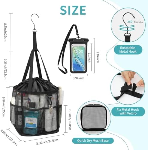 Shower Caddy Portable, Mesh Shower Caddy Hanging with Waterproof Phone Pouch Black, Large Capacity Shower Bag for College Dorm Room Essentials, Quick Dry Shower Basket for Gym, Camping, Swimming - Image 3
