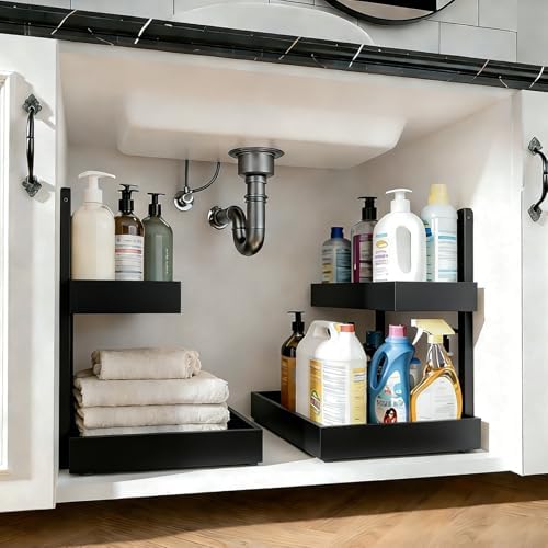 Bamboo Undersink Organizer Storage - 2-Tier Cabinet Shelf with Adjustable Levels, Under Sink Storage Slide Out for Cabinet Pantry Kitchen Bathroom (Black, 2 Packs) by RONGSENDAY
