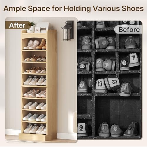 YATINEY 9-Tier Tall Shoe Rack, Wooden Shoe Storage Organizer, Narrow Shoe Cabinet with Removable Shelves for Small Spaces, Holds 18 Pairs of Shoes, for Entrance, Hallway, Natural SS22NL - Image 5