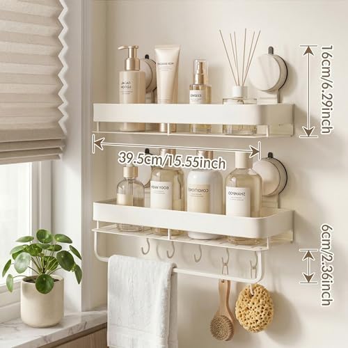 Wide Aluminum Suction Cup Shower Caddy(2-Pack Cream White),Shower Shelves for Bathroom Wall,Wall Mounted Bathroom Shelves with Towel Bar & Hooks - Image 5