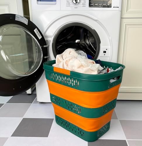 SAMMART 38L(10 Gal) Collapsible Laundry Basket - Foldable Pop-Up Storage Container/Organizer-Portable Space Saving Hamper, Measure 17.5x13.3x15.7/3.8" Expanded/Collapsed (1, Teal Green/Autumn Leaf) - Image 2