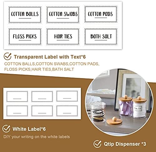 VITEVER 3 Pack Qtip Holder Dispenser with Bamboo Lids - 10 oz Clear Plastic Apothecary Jar Containers for Vanity Makeup Organizer Storage - Bathroom Accessories Set for Cotton Swab, Ball, Pads, Floss - Image 2