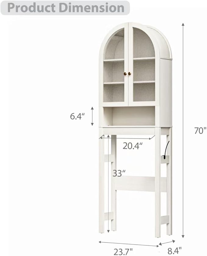 Over The Toilet Storage Cabinet, 23.7”W Modern Storage Cabinet Over Toilet with Acrylic Doors, Arched Freestanding Over Toilet Rack with Adjustable Shelf for Bathroom, White - Image 2