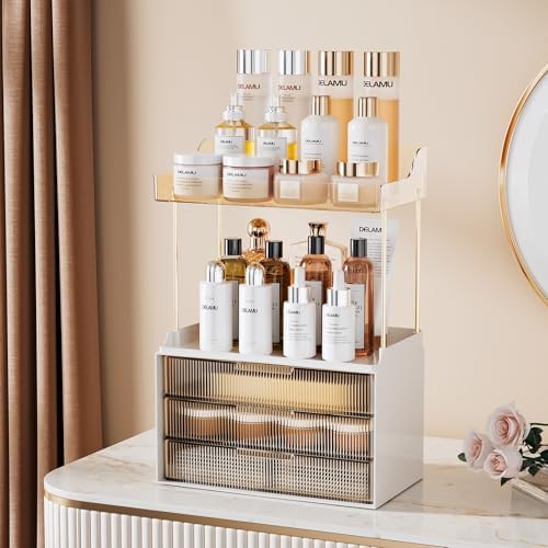 Delamu 5-Tier Makeup Organizer, Bathroom Counter Storage, 3 Drawers, Amber - Image 3