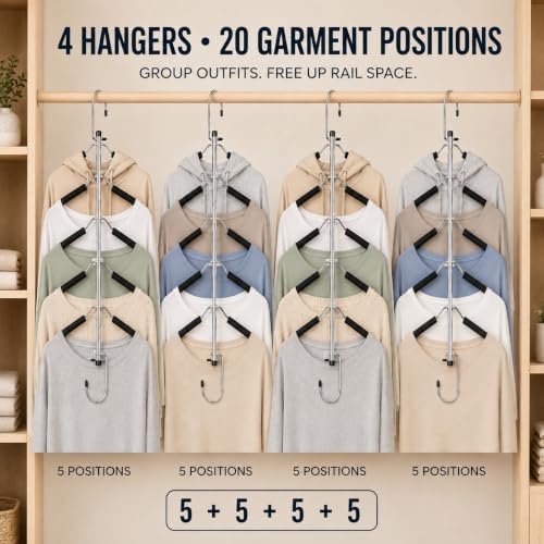 Space Saving Clothes Hangers – 5-in-1 Shirt & Coat Hangers with Non-Slip Foam, Stainless Steel Tiered Closet Organizer for Sweatshirts, Hoodies, Sweaters, T-Shirts – 4 Pack by ZNBEN - Image 3