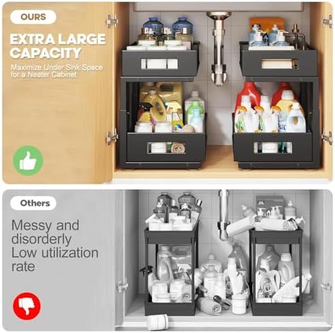 Under Sink Organizer, 2-Tier Dual Pull Out Cabinet Organizer Drawers With Smooth Circular Rail, Large Capacity Metal Mesh Sliding Shelves For Bathroom& Kitchen Storage,Height Adjustable–Black,2 Packs - Image 4