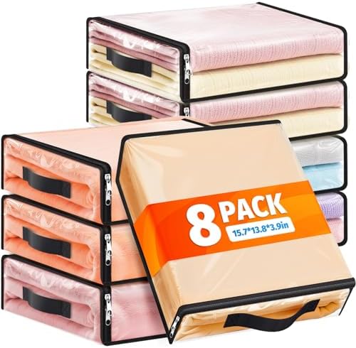 SpaceWhisper Clear Sheet Storage Bags, 8 Pack, 15.7 x 13.8 x 3.9 in | Sheet organizers and storage, zippered closure, thick plastic, reinforced handles, clothes, blankets, under-bed storage by Unknown