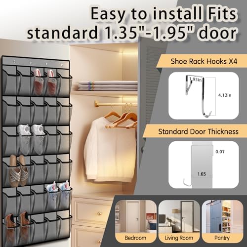 Over the Door Shoe Organizer with 30 Breathable Mesh Pockets (2PC-Gray) - Image 6