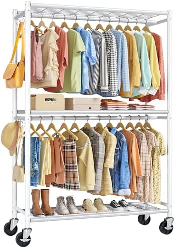 Sakugi Clothes Rack - Double Hanging Rod Clothing Rack with Wheels & Leveling Feet, Large Capacity Wardrobe Closet with Shelves for Bedroom, Laundry Room, Entryway, 45.2" x 12.6" x 80.7", White by Sakugi