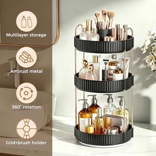 360° Rotating Makeup Organizer, Upgraded 3 Tier Skincare Perfume Organizers for Women, Bathroom Organizer Countertop, Clear Cosmetic Dresser Organizer with Makeup Brush Holder, Sink&Counter(Black) - Image 5