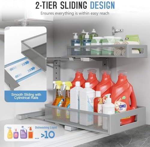 1 Pack-11.4"-16.14" H Under Sink Storage Organizer, Large 2-Tier Elegant Mesh Pull Out Shelf for Kitchen & Bathroom Cabinet Organization, L-Shaped, Adjustable Height-Gun Gray - Image 4