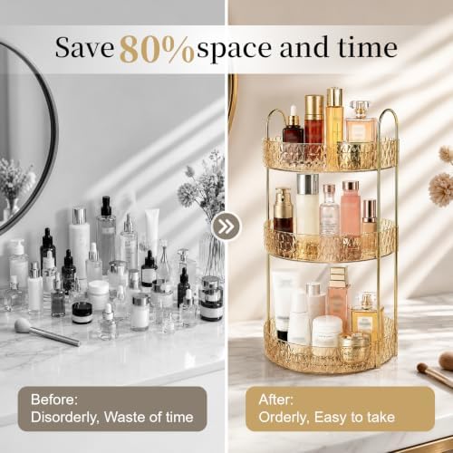 Large Capacity Rotating Makeup Organizer Perfume Stand Holder, 3 Tier Gold - Image 6