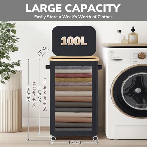 Goodpick 100L Large Rolling Laundry Basket with Wheels and Lid, Black - Image 3