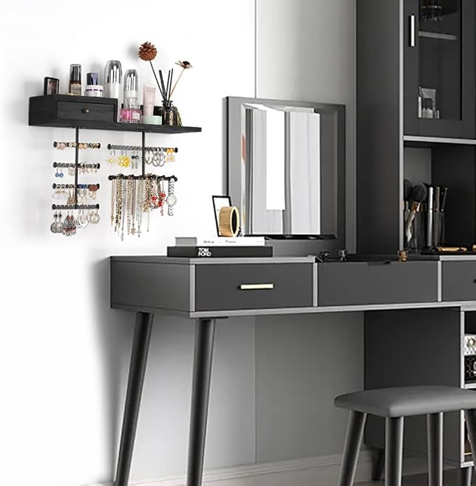 VINAEMO Jewelry Organizer Hanging Wall Mounted Jewelry Holder with Rustic Wood Drawer & Large Capacity Storage Shelf Rack Display for Earrings Rings Necklaces Bracelet(Black) - Image 6