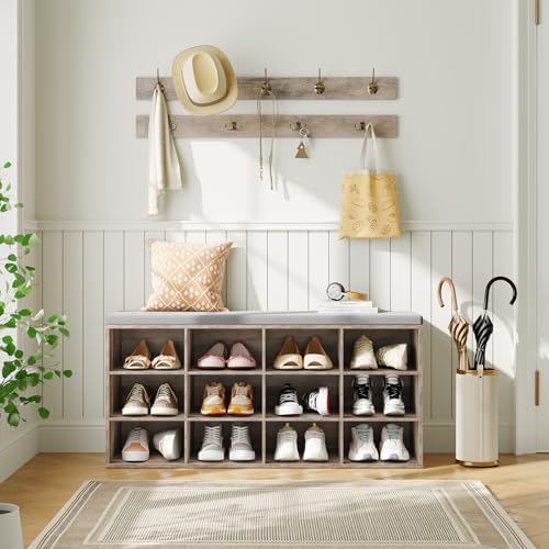 HOOBRO Shoe Storage Bench with Cushion, 39.4" L Entryway Bench with 12 Cubbies, Entryway Hall Tree with Storage, Shoe Cabinet with Coat Rack for Bedroom, Hallway, Holds up to 330 lb, Gray GY112HX01 - Image 2