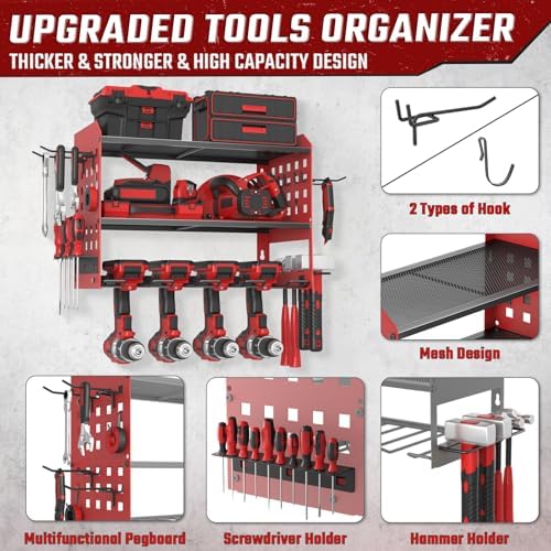 SUNALLY Power Tool Organizer, Wall Mount Garage Tools Storage Rack, Red - Image 5