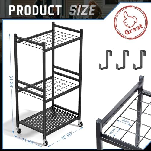 DAOUTIME Garden Organizer With Wheels, Yard Tower Rack for Garage Storage, Up to 35 Long-Handled Tools, Sturdy Metal Steel Holder With 3 Hooks, Outdoor, Black - Image 6