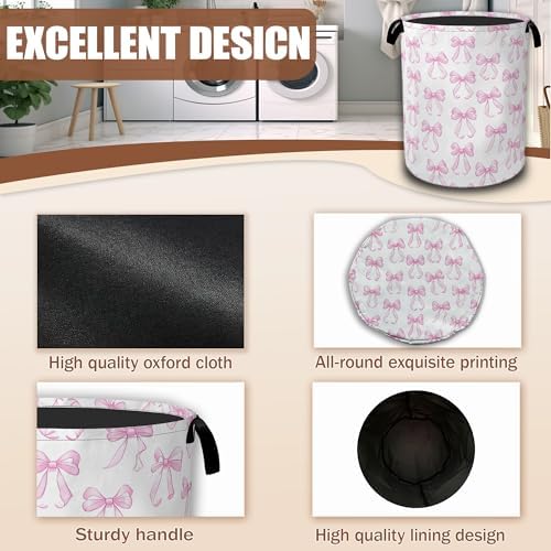 Pink Bow Laundry Hamper,Laundry Baskets,Waterproof Oxford Cloth Toy Storage for Bedroom,Bathroom,Nursery,16x20.8 Inch - Image 5