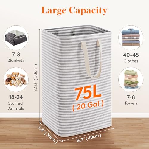 Lifewit 2 Packs Freestanding Clothes Hamper with Carry Handles, Large Tall Laundry Basket for Organization for Adults in Laundry Room Dorm Bedroom, Gray, 2 x 75L - Image 2