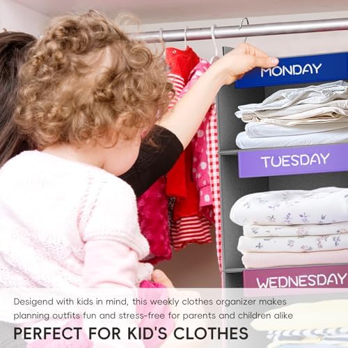 Weekly Hanging Closet Organizer for Kids, 6-Shelf Clothes Storage with Labeled Days of The Week Monday Through Friday, Weekday and Weekend, Days of The Week Clothes Organizer - Image 4