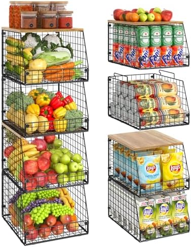 Jakyitvi 4 Pack Stackable Wire Baskets with Fixed Wooden Top, Vegetable Fruit Storage Bins for Onion Potato Snack, Pantry Baskets for Kitchen Cabinet Countertop, Pantry Organizers and Storage Rack by Jakyitvi
