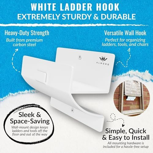 White Ladder Hooks for Garage Wall - Step Stool Holder for Shed & Workshop - Image 3