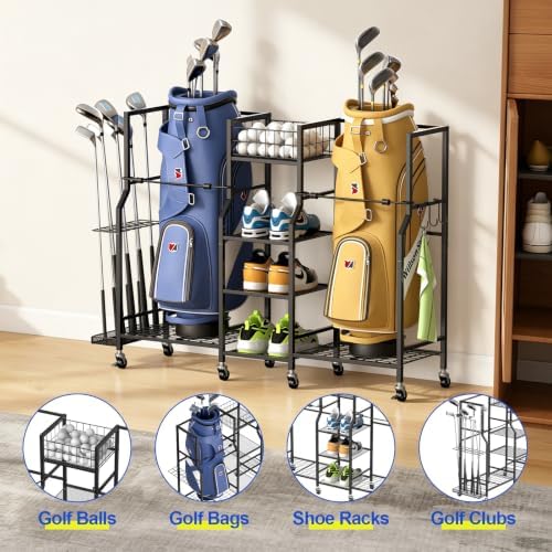 samstar Golf Storage Garage Organizer with Wheels, Golf Bag Storage Stand 2 Golf Bags and Equipment Accessories, Rolling Storage Rack for Home, Garage, Golf Clubs - Image 6