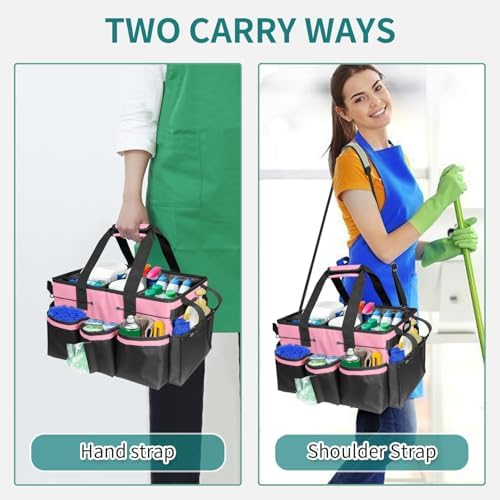 Cleaning Bags for Housekeepers, Large Cleaning Supplies Organizer with Handles & Shoulder Strap, Cleaning Caddy Bag with Foldable Divider for Cleaners, Car Horse Cleaning Bag(Pink) - Image 5