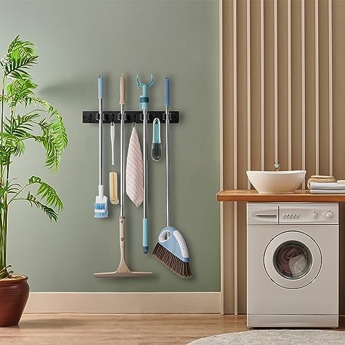 OUTNILI Black Mop Broom Holder Wall Mount with 4 Slots & 4 Hooks - Rustic Wood Broom Mop Hanger for Pantry Closet Laundry Room Organization - Heavy Duty Garden Tool Organizer - Black Kitchen Decor - Image 5