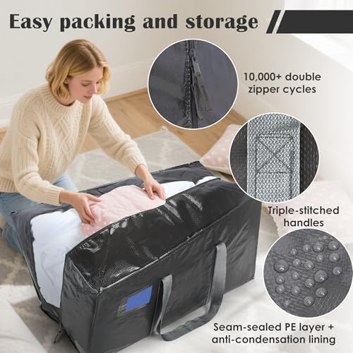 12 Pack Moving Bags with Full-Open Side Zipper, Extra Large 93L Heavy Duty Waterproof Foldable Storage Totes for College Dorm, Moving & Home Organization Gray - Image 3