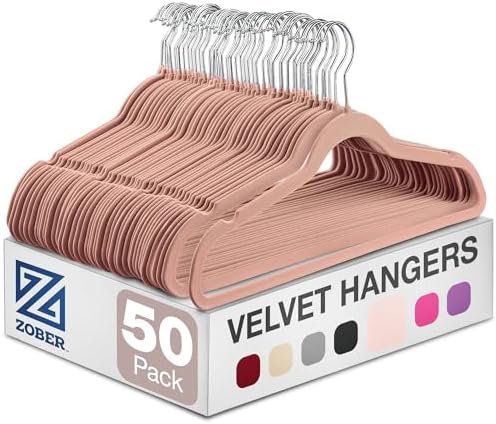 Zober Blush Velvet Hangers 50 Pack, Slim Non Slip Clothes Hangers | Slim velvet hangers with pants bar, felt hangers, flocked hangers, non slip hangers, coat hangers for suits, shirt hangers by ZOBER